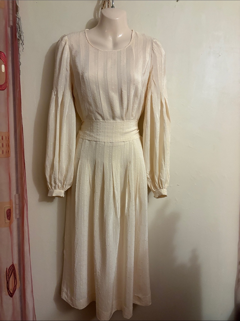 Cream Long-Sleeve Textured Midi Dress with Cinched Waist